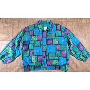 Vintage Women 100% Silk Bomber Jacket Windbreaker Print Vibrant Zip 3X
